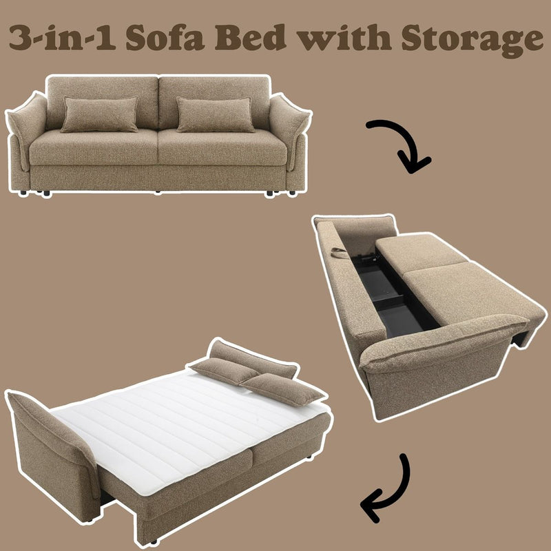 Turpin - Sofa With Sleeper, 2 Pillows & Storage - Brown Boucle