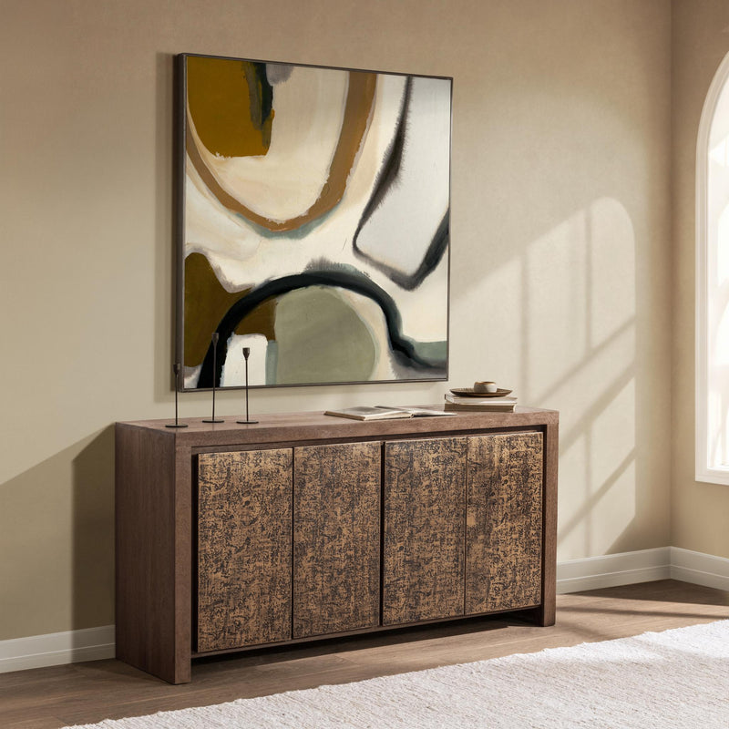 Classic Home Glendale 4-door buffet in toasted chestnut wood with sleek handles and spacious storage compartments.