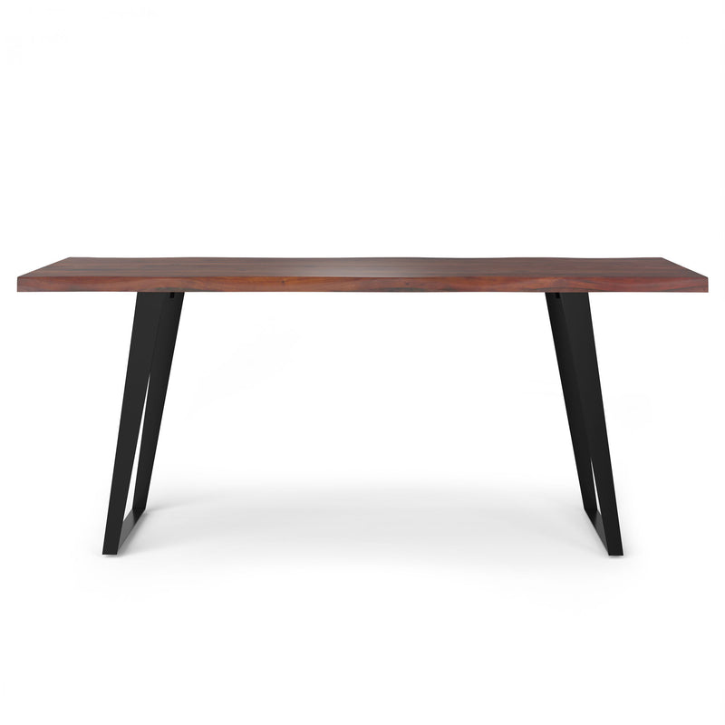 Simpli-Home Delta handcrafted dining table with wooden surface and sturdy legs, ideal for family meals and gatherings.