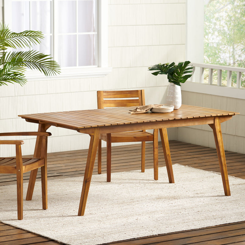 Outdoor teak dining table with sturdy frame by Noble House, perfect for patio or garden outdoor dining spaces.