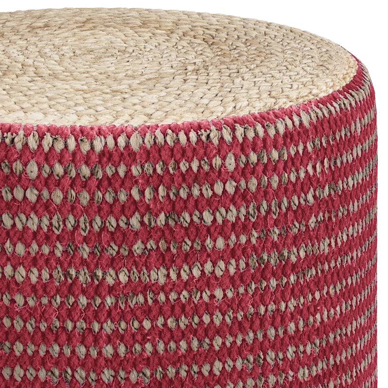 Larissa handcrafted round braided accent pouf by Simpli-Home, showing its textured woven fabric and sturdy base.