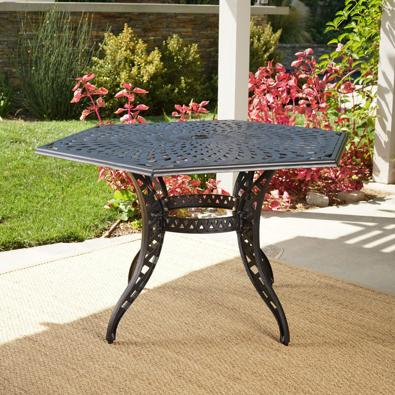 Outdoor Cast Aluminum Dining Table With Lattice Top And Umbrella Hole - Black - R&R Furniture Gallery (Fountain Valley, CA)