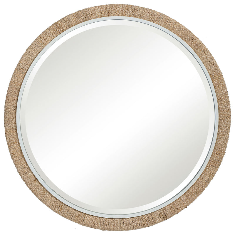Round rope wall mirror in light brown by Uttermost, featuring a stylish, textured frame perfect for modern and rustic decor.