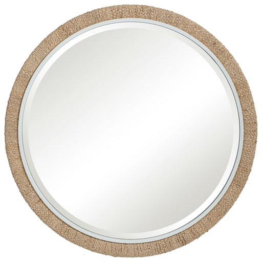 Round rope wall mirror in light brown by Uttermost, featuring a stylish, textured frame perfect for modern and rustic decor.
