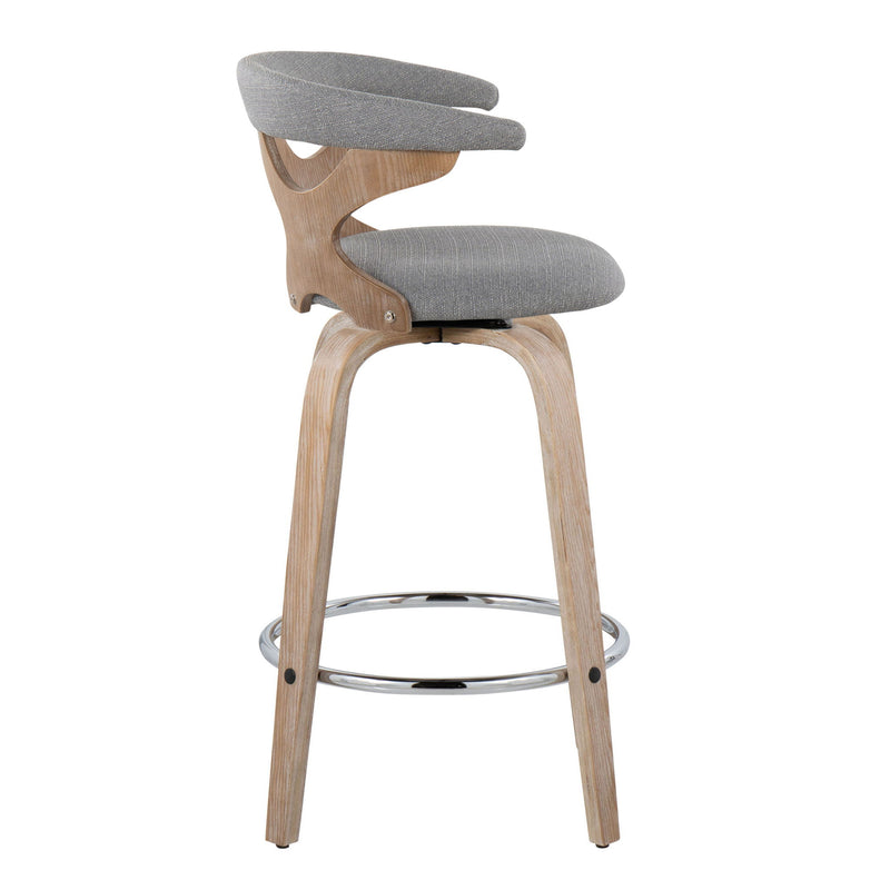 Lumi Source Gardenia mid-century modern counter stool set with swivel seats, fixed height, sleek wood legs, and comfortable upholstered seats.