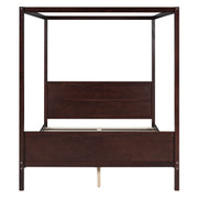 DreamHaus canopy platform bed with headboard, footboard, and slat support leg, showcasing the sturdy wooden frame and elegant design.