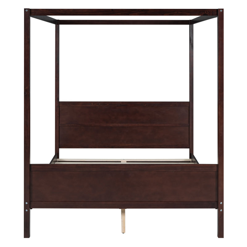 DreamHaus canopy platform bed with headboard, footboard, and slat support leg, showcasing the sturdy wooden frame and elegant design.