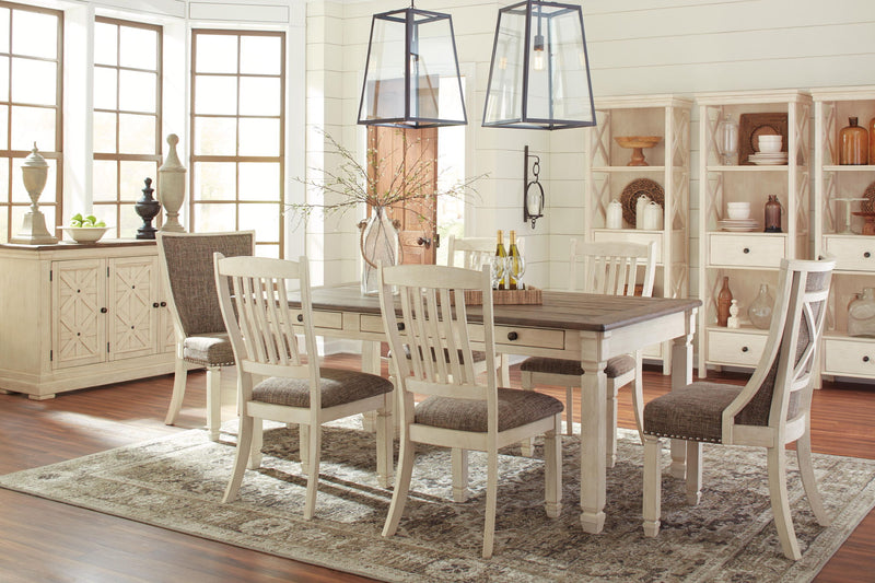 Set of two Bolanburg dining chairs by Signature Design Ashley, brown and beige UPH side chairs with rake back design.