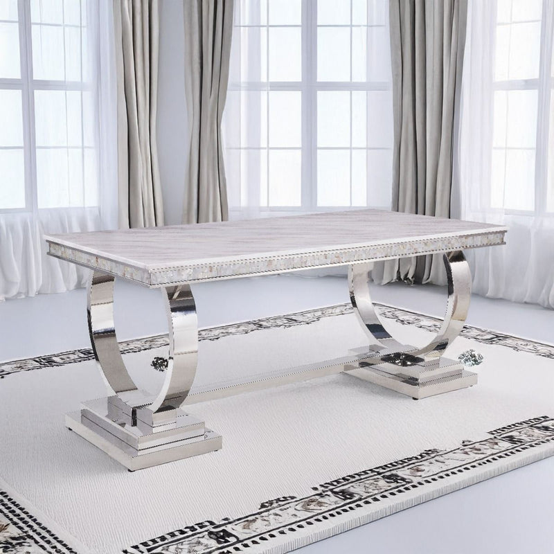 Zander - Dining Table - White Printed Faux Marble Top & Mirrored Silver - R&R Furniture Gallery (Fountain Valley, CA)