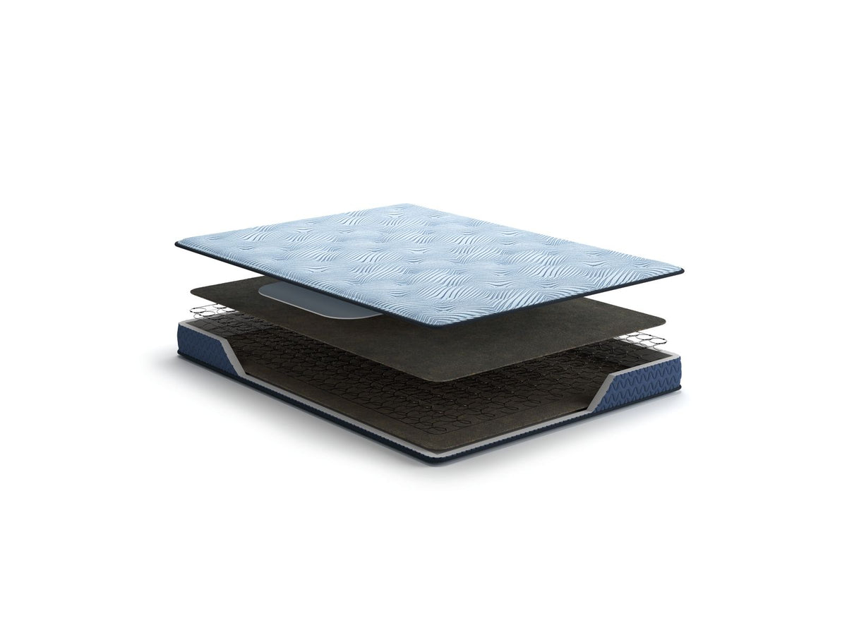 Sierra Sleep® by Ashley Peak 2.0 Bonnell hybrid mattress with quilted top and supportive layers, displayed on a bed frame.