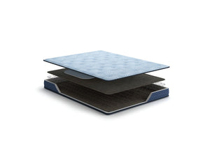 Sierra Sleep® by Ashley Peak 2.0 Bonnell hybrid mattress with quilted top and supportive layers, displayed on a bed frame.