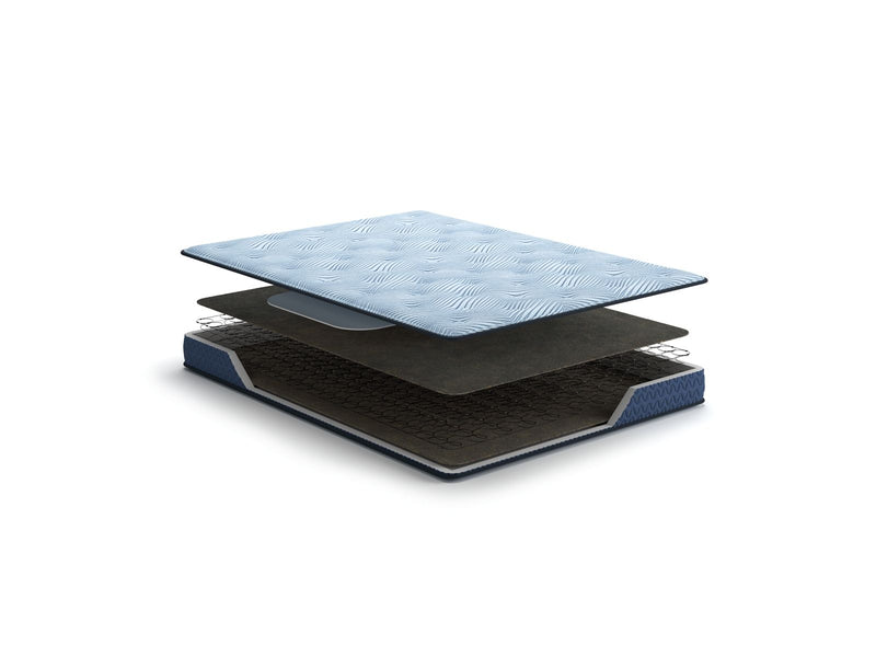 Sierra Sleep® by Ashley Peak 2.0 Bonnell hybrid mattress with quilted top and supportive layers, displayed on a bed frame.