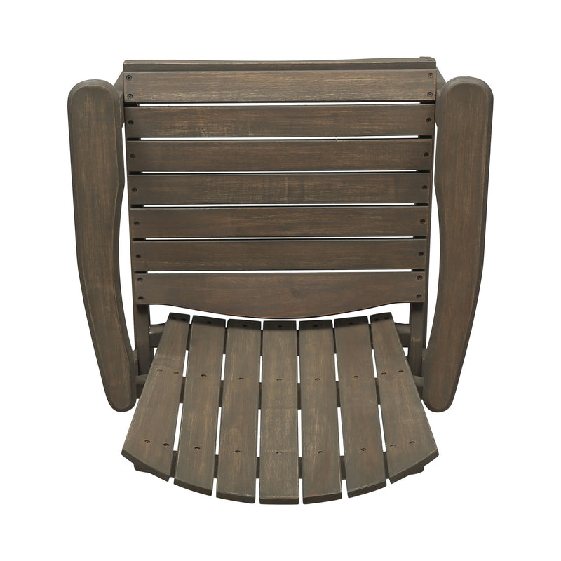 Set of two Noble House outdoor weather-resistant acacia wood Adirondack dining chairs with armrests and slatted backs.