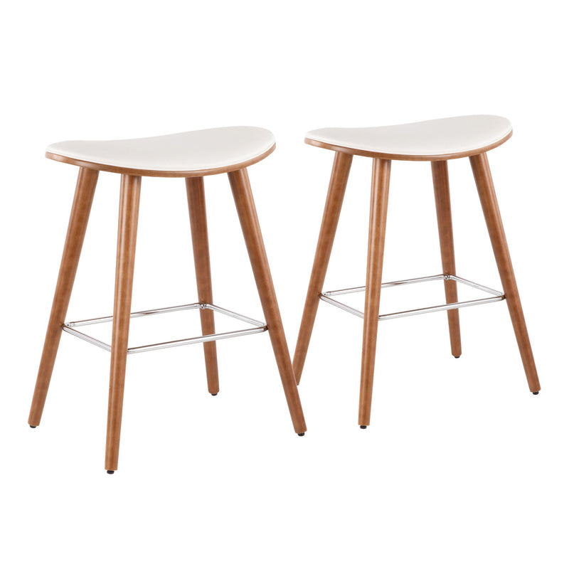 Set of two Lumi Source contemporary saddle counter stools with sleek design and upholstered seats, ideal for kitchen or bar area.