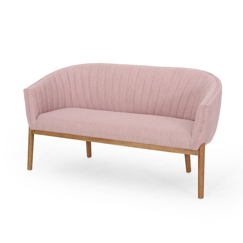 Noble House mid-century modern loveseat with channel-stitched backrest, stationary design, upholstered in neutral fabric.