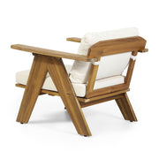 Set of two Noble House outdoor acacia wood club chairs with beige cushions, perfect for patio or garden seating.