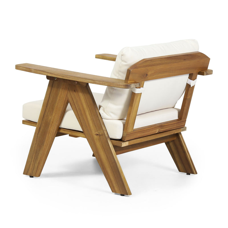 Set of two Noble House outdoor acacia wood club chairs with beige cushions, perfect for patio or garden seating.