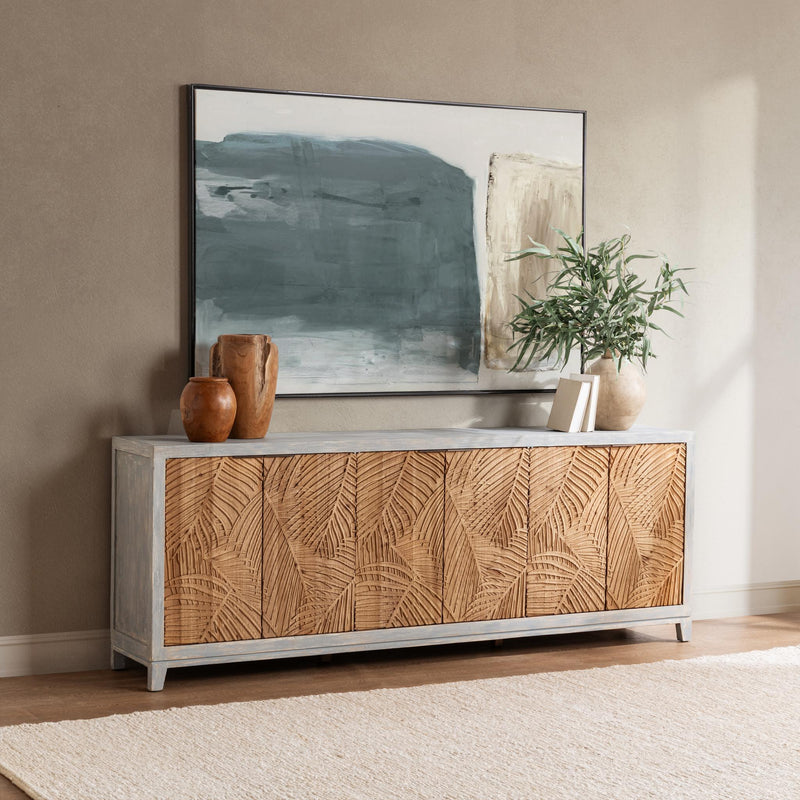 Classic Home Ambrose 6-door coastal buffet cabinet with soft finish, featuring wood construction and ample storage space.