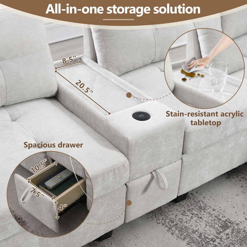 Sectional With Acrylic Table Top U Shaped Couch Set With 2 Consoles USB Charger, Storage Drawers And Pockets Movable Ottoman Tufted Sofa - R&R Furniture Gallery (Fountain Valley, CA)