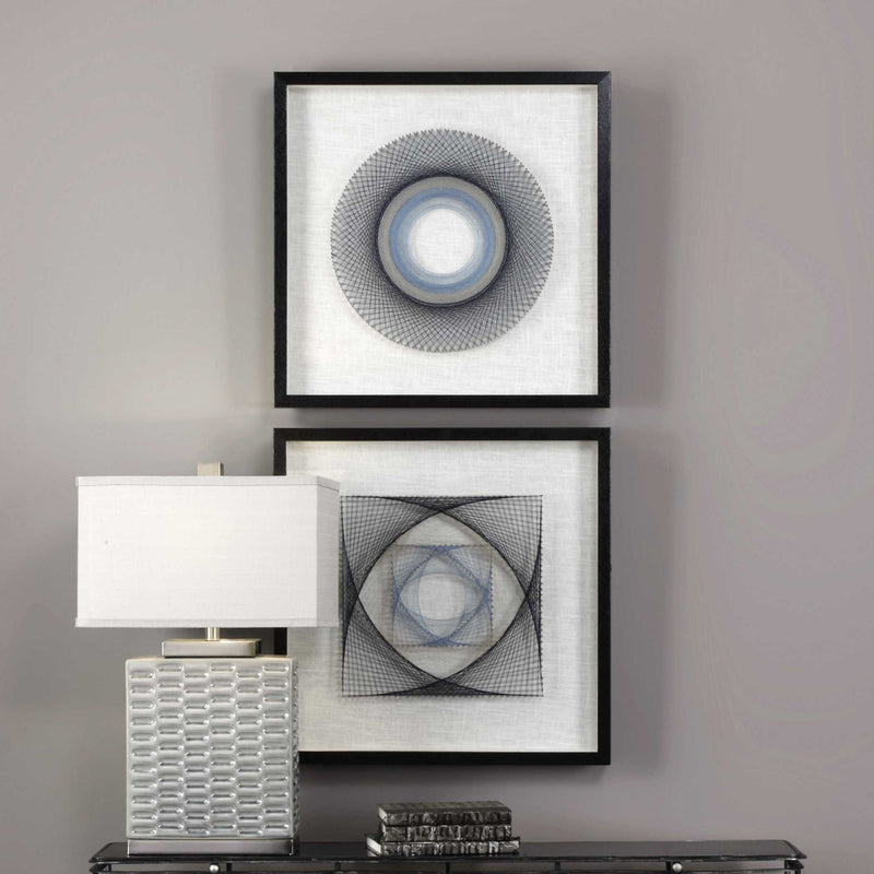 Set of two black geometric art wall decor pieces by Uttermost, featuring modern string design for contemporary interior styling.