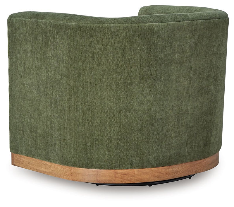 Forest green Jersonlow swivel chair by Signature Design by Ashley® with a padded seat and backrest, on a swivel base.