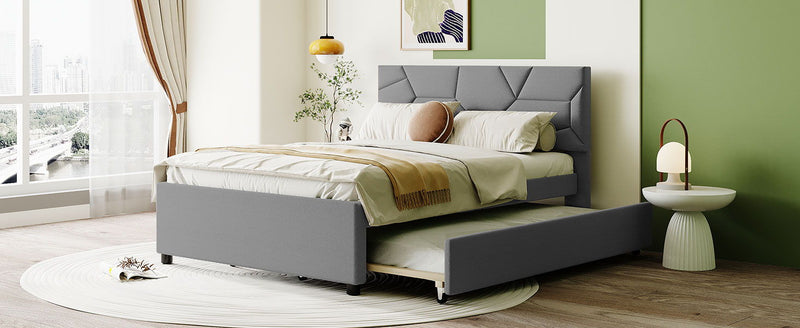 Upholstered Platform Bed With Brick Pattern Headboard And Twin Long Size Trundle - R&R Furniture Gallery (Fountain Valley, CA)