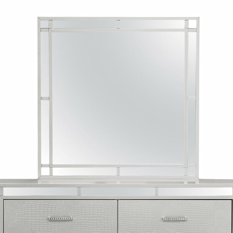 Glory Furniture Madison silver champagne mirror with a sleek, modern frame, reflecting a stylish interior.