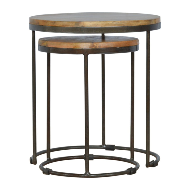 Round Stool Table With Iron Base (Set of 2) - Brown / Black - R&R Furniture Gallery (Fountain Valley, CA)