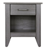 Glory Furniture roller drawer glides on a sleek accent nightstand, showcasing smooth sliding hardware and modern design.