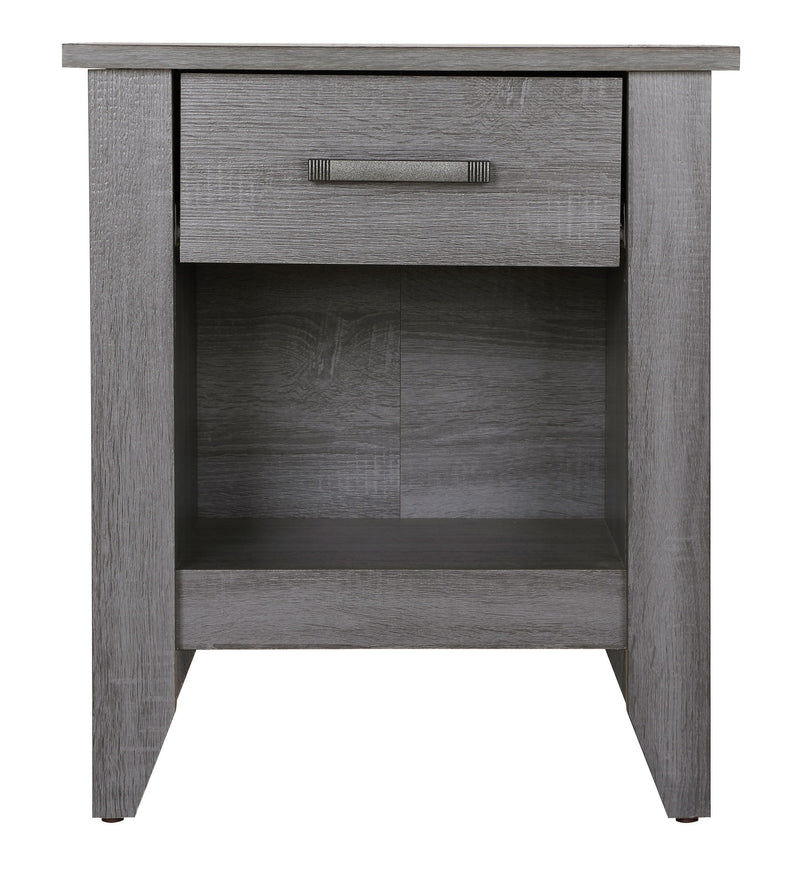 Glory Furniture roller drawer glides on a sleek accent nightstand, showcasing smooth sliding hardware and modern design.