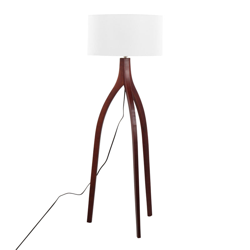 Lumi Source Wishbone contemporary floor lamp with a sleek, minimalist design and a curved wooden arm, standing on a round base.