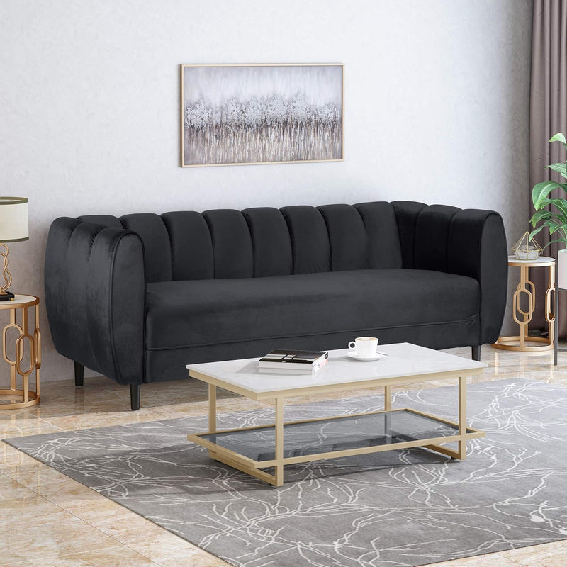 Noble House Miranda Modern Glam 3 Seater Sofa with sleek design, plush cushions, and stylish upholstery in a contemporary living room setting.