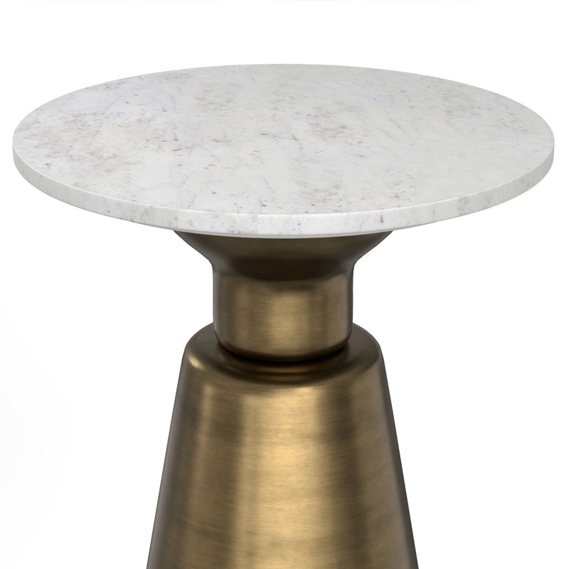 Leyla side table by Simpli-Home in antique brass with a sleek, modern design and a round tabletop.