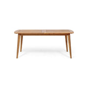 Noble House Placidity outdoor expandable dining table with slatted tabletop and tapered legs, ideal for outdoor dining spaces.