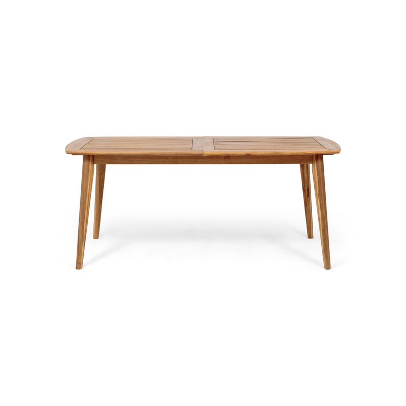 Noble House Placidity outdoor expandable dining table with slatted tabletop and tapered legs, ideal for outdoor dining spaces.