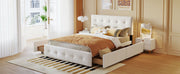 DreamHaus upholstered storage platform bed with classic headboard and built-in drawers, no box spring needed, in a modern bedroom setting.