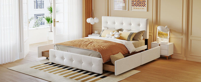 DreamHaus upholstered storage platform bed with classic headboard and built-in drawers, no box spring needed, in a modern bedroom setting.
