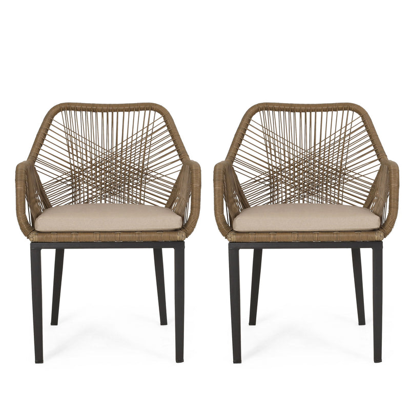 Modern Wicker Dining Club Chair With Water Resistant Cushions - Brown / Beige - R&R Furniture Gallery (Fountain Valley, CA)
