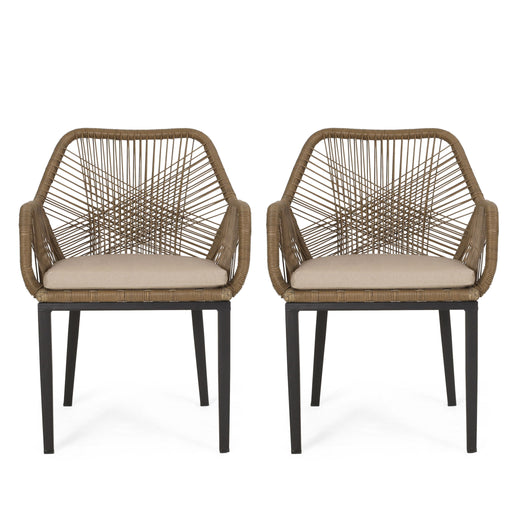 Modern Wicker Dining Club Chair With Water Resistant Cushions - Brown / Beige - R&R Furniture Gallery (Fountain Valley, CA)