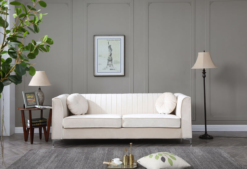 Delray micro suede stationary sofa by Glory Furniture with plush cushions and modern design in a cozy living room setting.