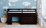DreamHaus loft bed with integrated cabinet and shelf, showcasing a modern design with ample storage and space-saving features.