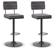 Set of two Signature Design by Ashley tall swivel barstools with wooden legs and upholstered seats, ideal for kitchen or bar area.