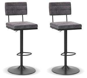 Set of two Signature Design by Ashley tall swivel barstools with wooden legs and upholstered seats, ideal for kitchen or bar area.