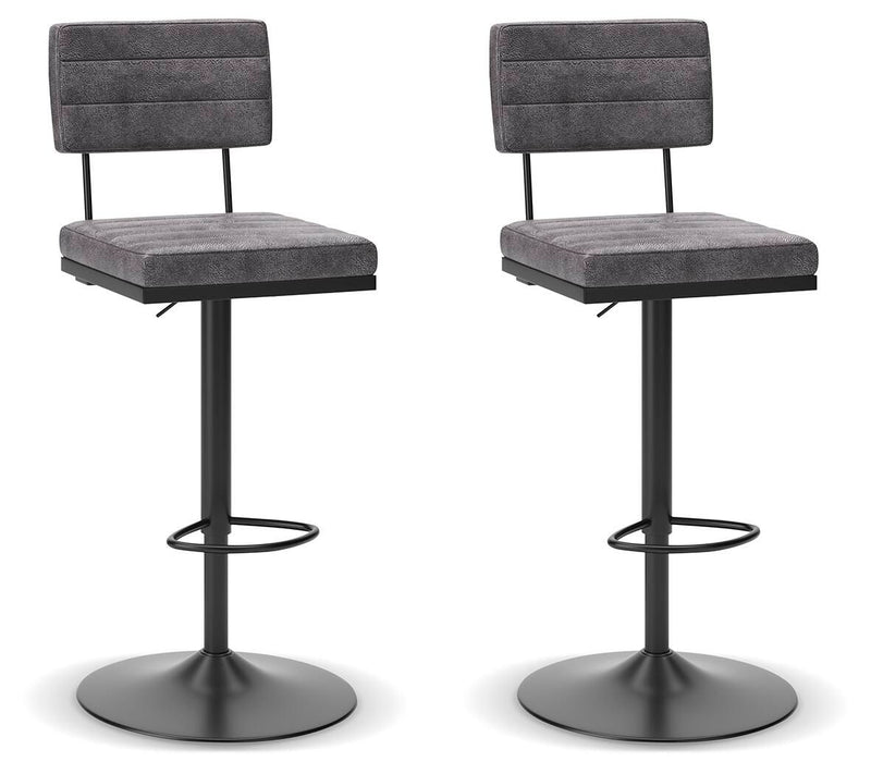 Set of two Signature Design by Ashley tall swivel barstools with wooden legs and upholstered seats, ideal for kitchen or bar area.