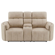 Elison - Motion Loveseat With Console - Dark Beige Polish Microfiber - R&R Furniture Gallery (Fountain Valley, CA)
