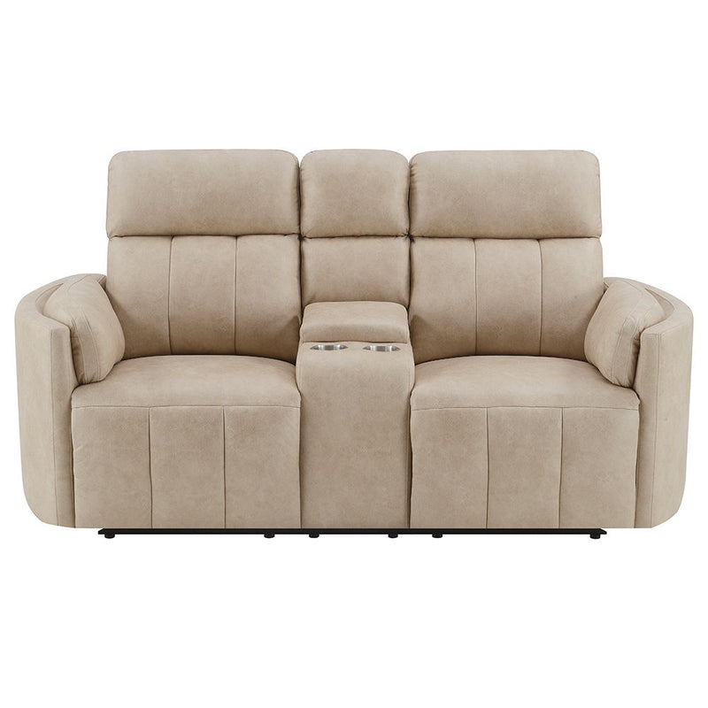 Elison - Motion Loveseat With Console - Dark Beige Polish Microfiber - R&R Furniture Gallery (Fountain Valley, CA)