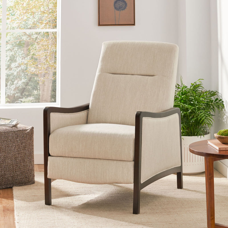 Noble House Drury contemporary fabric upholstered pushback recliner with padded armrests and a sleek modern design.