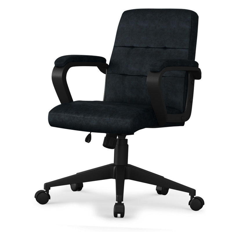 Distressed blue Simpli-Home swivel office chair with cushioned seat and back, adjustable height, and five caster wheels.
