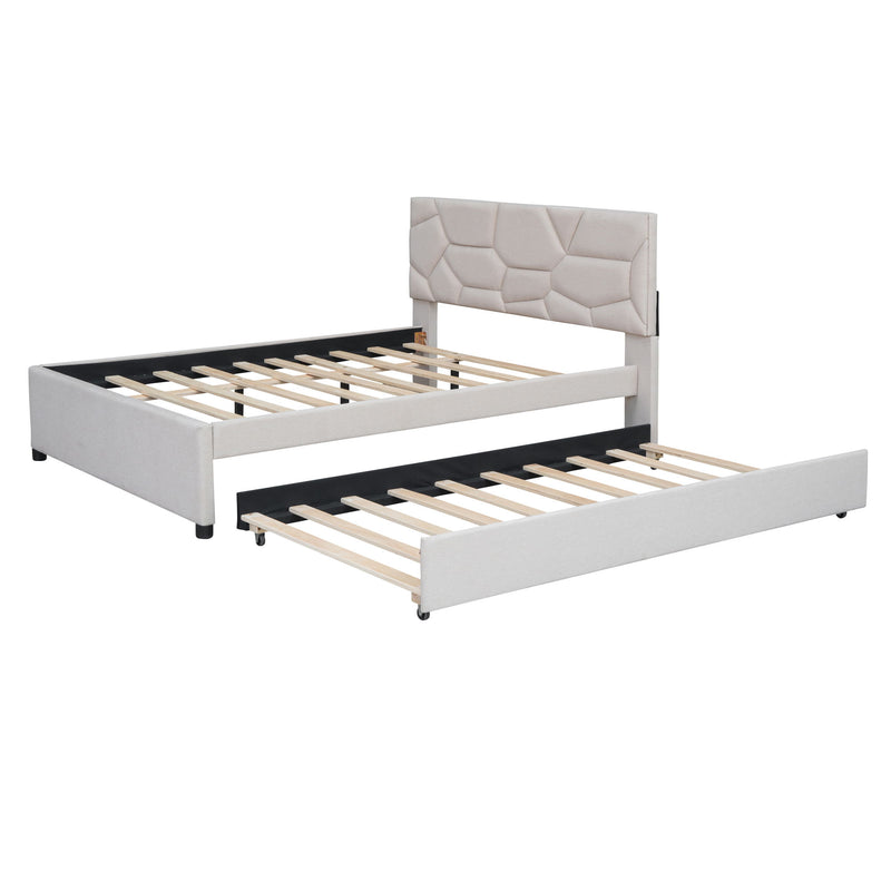 Upholstered Platform Bed With Brick Pattern Headboard And Twin Long Size Trundle - R&R Furniture Gallery (Fountain Valley, CA)
