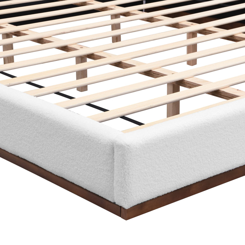 Elegant boucle upholstered bed with a wood grain textured solid wood base frame, showcasing sophisticated design by Noble House.